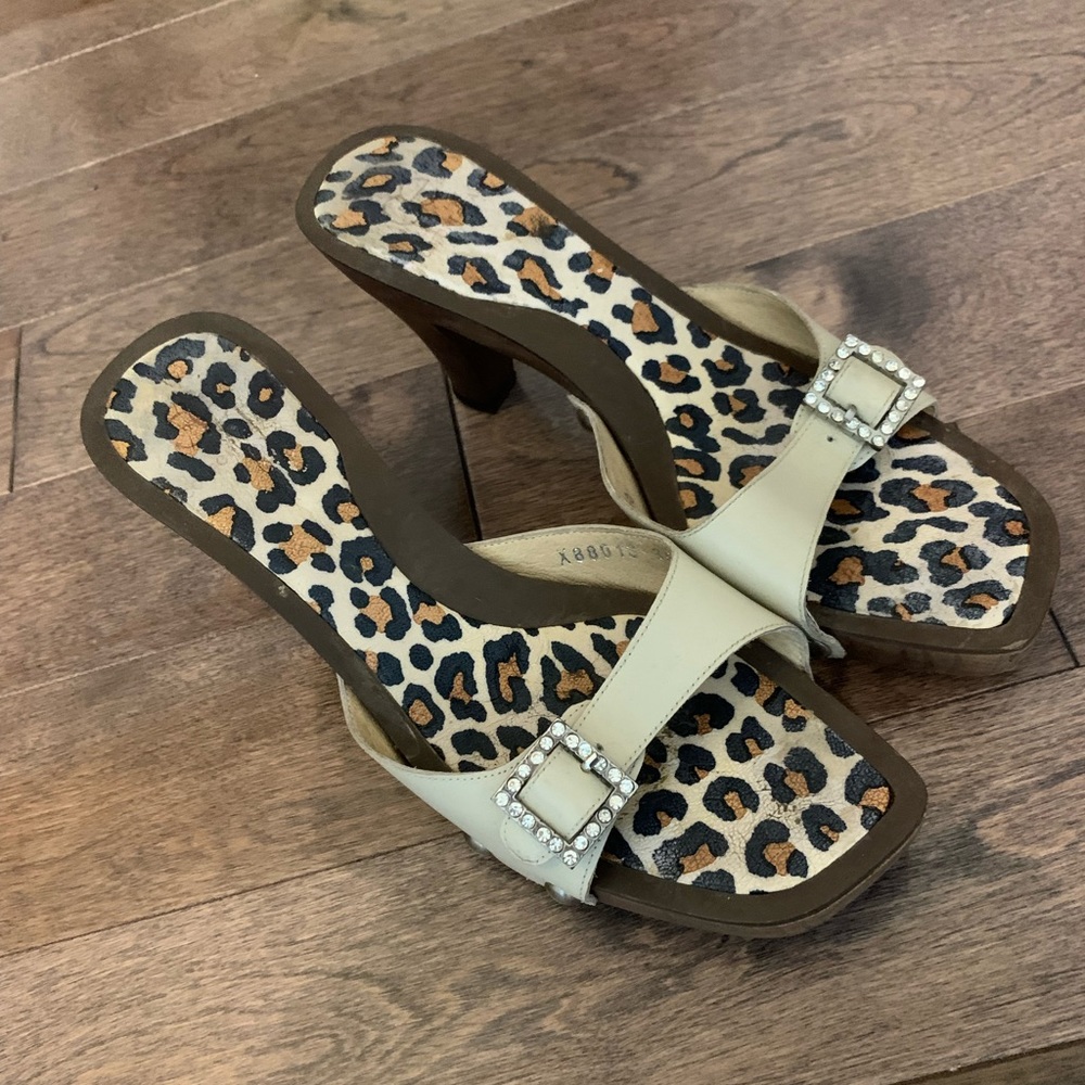 Leopard Print Heeled Sandals with Rhinestone Buckle – Statement Mules – Size 6